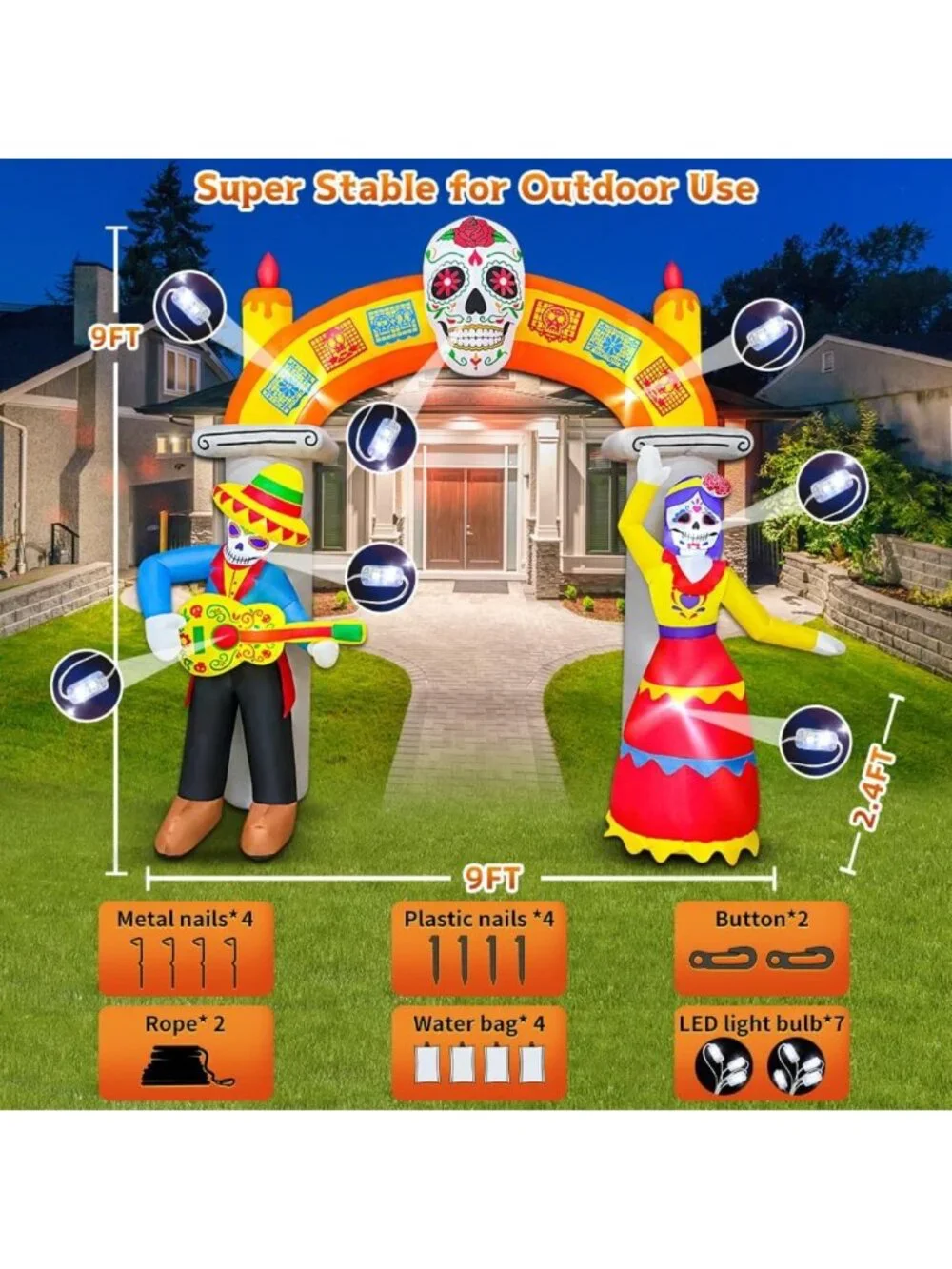 9Ft Halloween Inflatable Archway - Day of the Dead Decor with LED Skull Lights